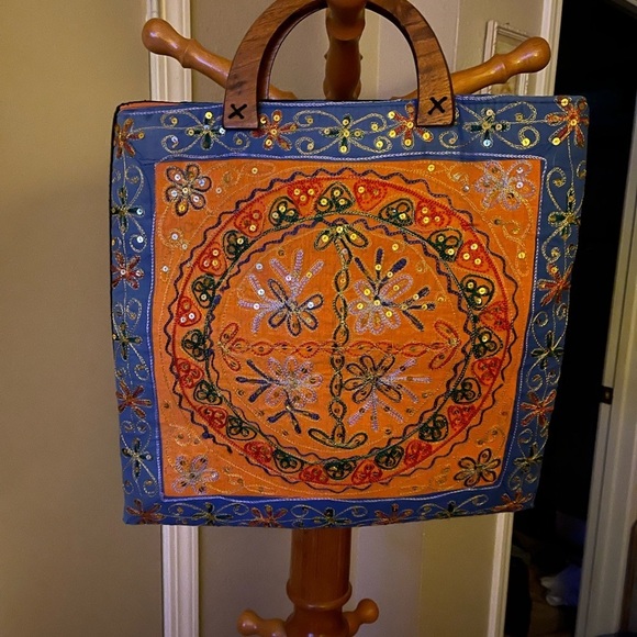 Unbranded Handbags - Embroidered Sequin Orange and Blue Tote Bag Unique and Beautiful